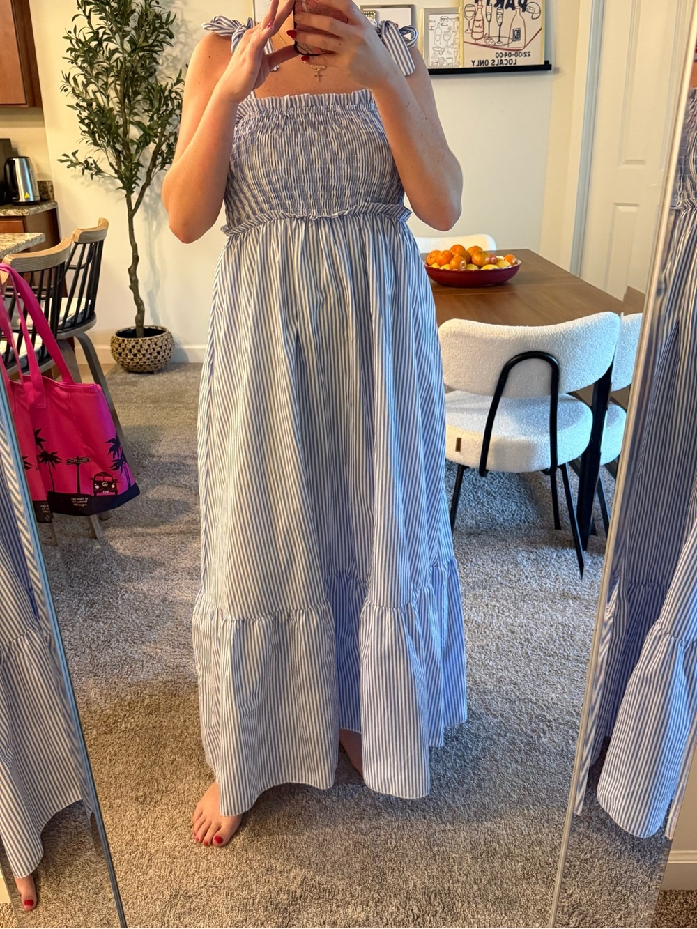 Blue & White Stripe Smocked Maxi Dress